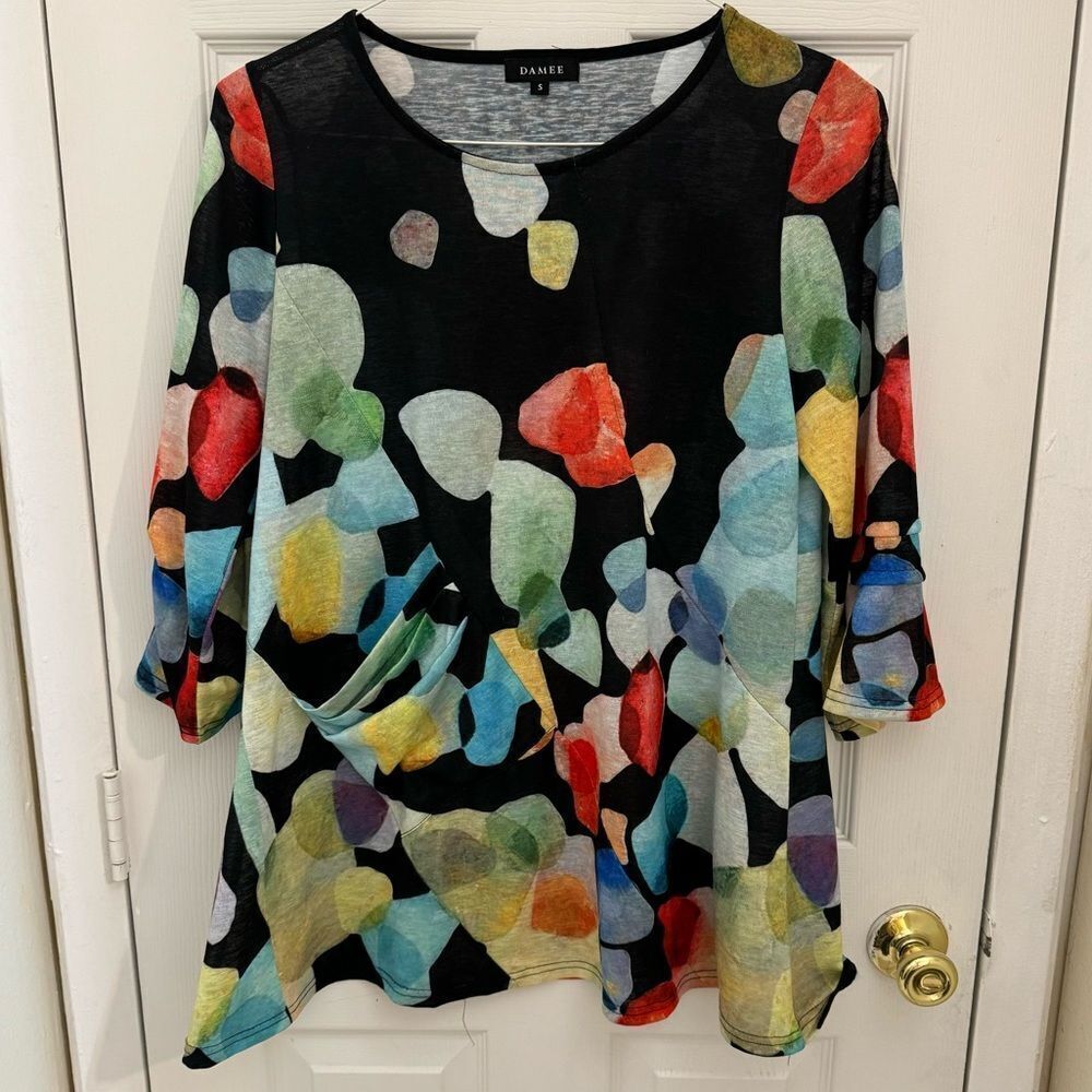 Damee Women’s Art to Wear Lagenlook Tunic Blouse Size Small Colorful Pattern Dot